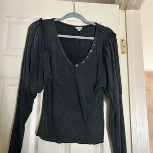 POL Washed Black V-Neck Long Sleeve Top with Button Accents